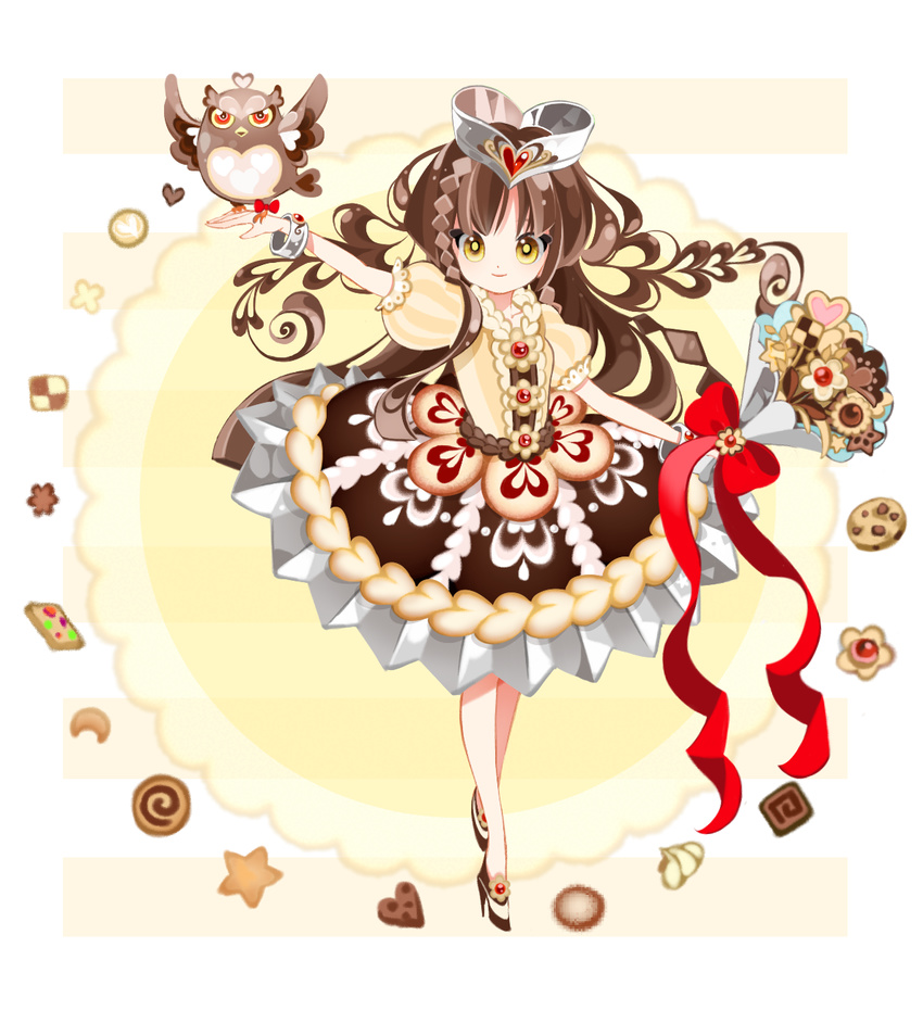 arm_up bird bird_on_hand bouquet bow bracelet bright_pupils brown_dress brown_footwear brown_hair checkerboard_cookie chocolate_chip_cookie cookie dress flower food food_themed_clothes full_body hat high_heels highres jewelry layered_dress lolita_fashion long_hair looking_at_viewer mochikin_(jijijin) original owl personification pocketland print_dress puffy_sleeves red_bow shoes smile solo standing yellow_eyes