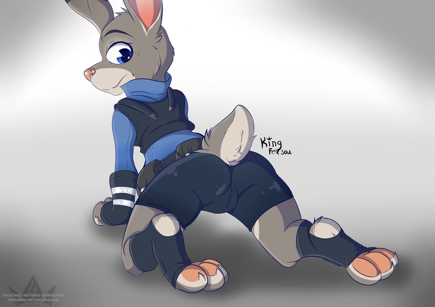 butt clothing disney judy_hopps lagomorph mammal on_fours paws rabbit raised_tail redfoxsoul tight_shorts uniform zootopia