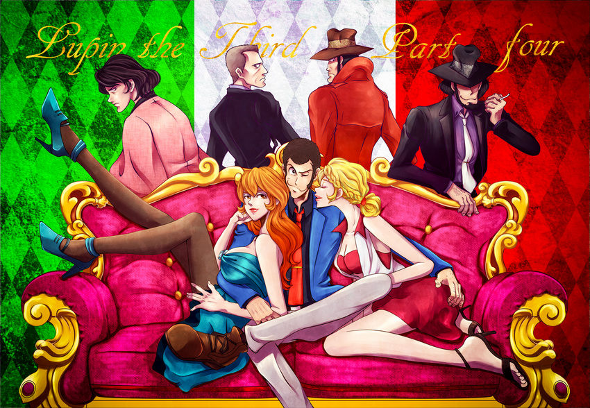 5boys ;) arsene_lupin_iii beard black_hair blue_jacket breasts cleavage commentary_request copyright_name covered_eyes facial_hair formal high_heels highres ishikawa_goemon_xiii italian_flag jacket jigen_daisuke large_breasts lupin_iii mamoru_(mamoru44) medium_breasts mine_fujiko multiple_boys multiple_girls necktie nix_(lupin_iii) one_eye_closed open_clothes open_jacket over_shoulder rebecca_rossellini red_neckwear sitting smile suit zenigata_kouichi