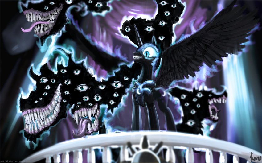 2015 abstract_background balcony big_teeth blue_eyes blue_feathers blue_fur blue_hair cutie_mark equine fangs feathered_wings feathers female friendship_is_magic fur glowing hair helmet hi_res horn insane jewelry mammal my_little_pony necklace nemo2d nightmare_fuel nightmare_moon_(mlp) solo spread_wings tongue winged_unicorn wings