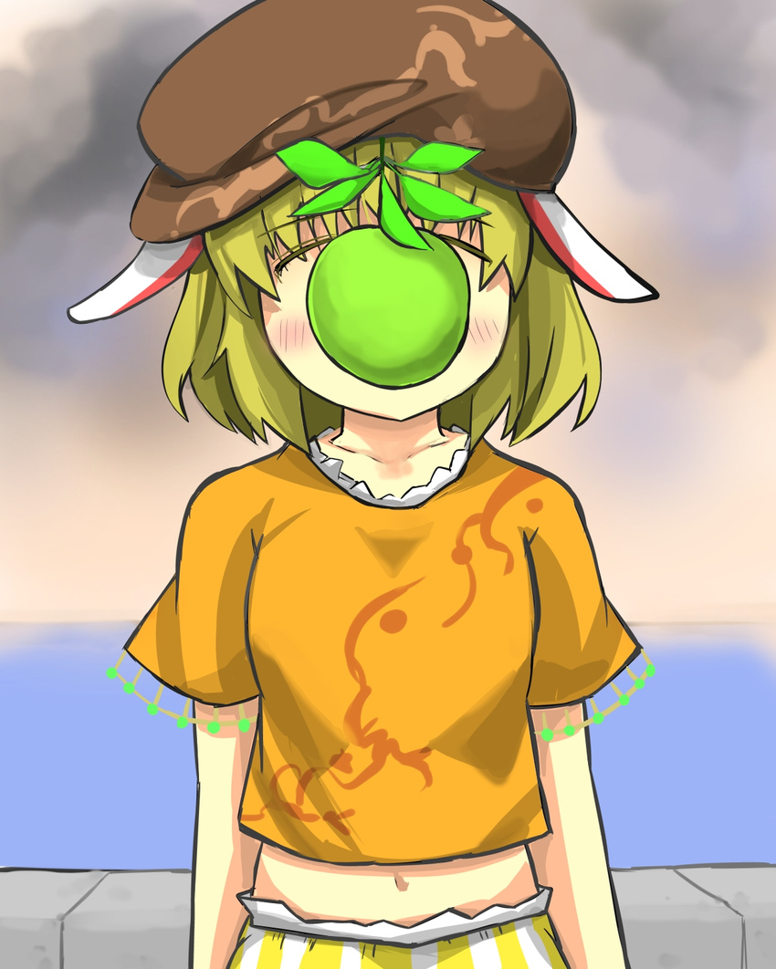 animal_ears apple arms_at_sides blonde_hair blush brown_hat bunny_ears cloud cloudy_sky commentary_request covered_face cowboy_shot ears_down fine_art_parody floppy_ears food fruit gaoo_(frpjx283) green_apple hat highres horizon le_fils_de_l'homme midriff navel object_namesake ocean orange_shirt pants parody pun ringo_(touhou) shirt short_hair short_sleeves sky solo striped striped_pants touhou