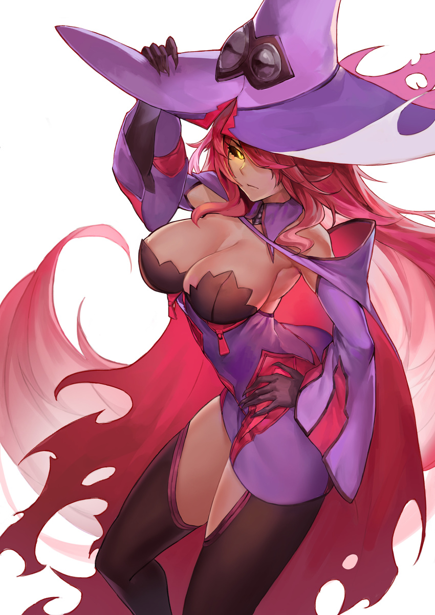 absurdres atorosu black_sclera blazblue blazblue:_central_fiction breasts cape cleavage hat highres konoe_a_mercury large_breasts long_hair red_hair simple_background solo torn_cape very_long_hair white_background witch_hat
