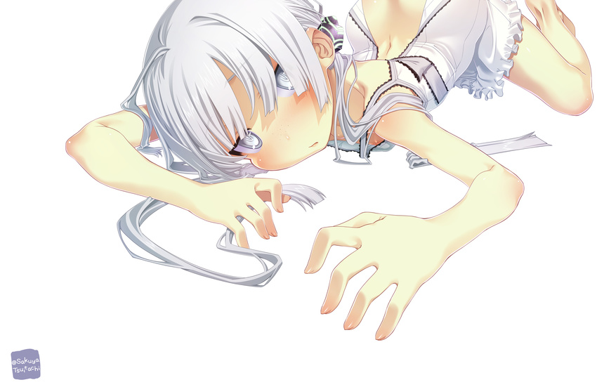 ass dress flat_chest freckles highres looking_at_viewer lying on_stomach original sakuya_tsuitachi silver_eyes silver_hair solo