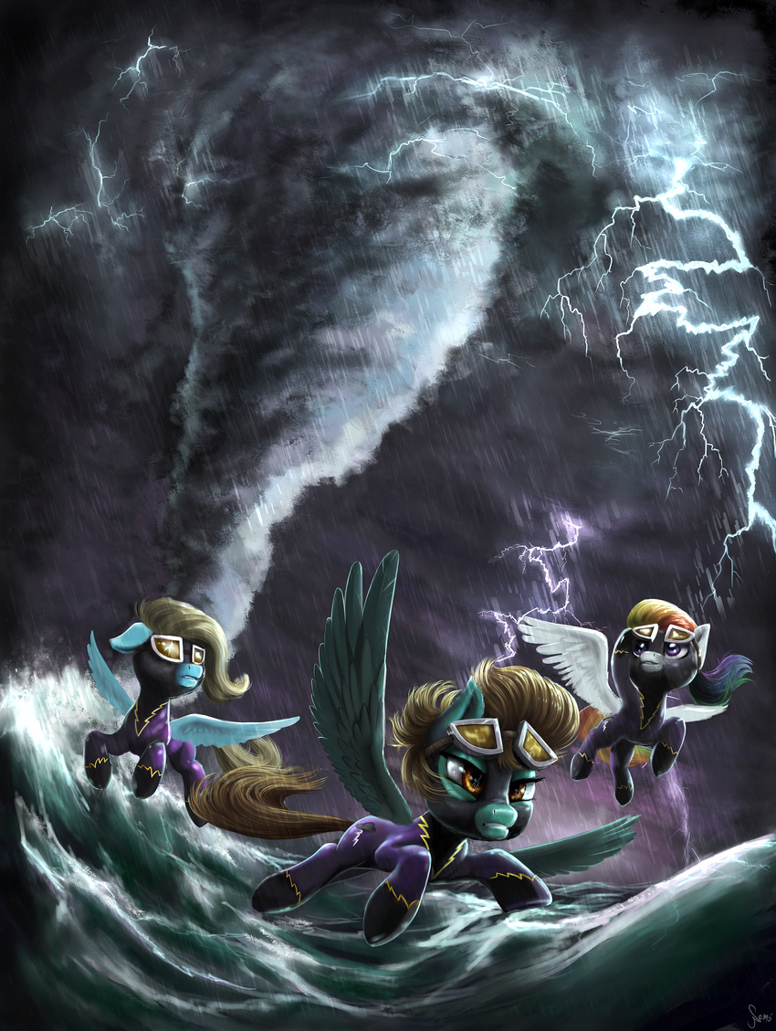 2015 absurd_res amber_eyes blue_feathers clothing equine eyewear fan_character feathered_wings feathers female feral friendship_is_magic fur goggles green_feathers green_fur group hair hi_res lightning lightning_dust_(mlp) mammal multicolored_hair my_little_pony nemo2d outside pegasus rainbow_hair raining storm tornado two_tone_hair uniform water white_feathers wings