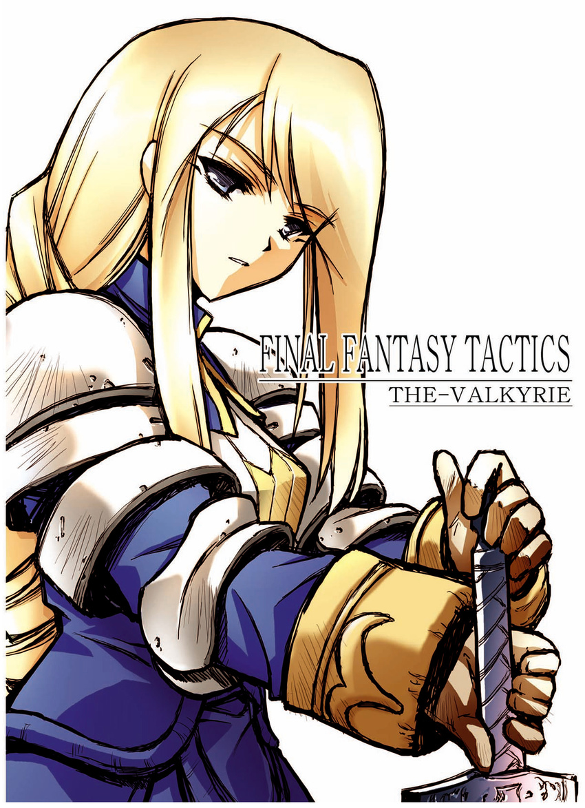 agrias_oaks armor blonde_hair braid breastplate copyright_name corset final_fantasy final_fantasy_tactics gloves highres holding holding_sword holding_weapon knight long_hair looking_at_viewer parted_lips pauldrons serizawa_katsumi shoulder_pads sidelocks simple_background single_braid solo sword upper_body weapon white_background