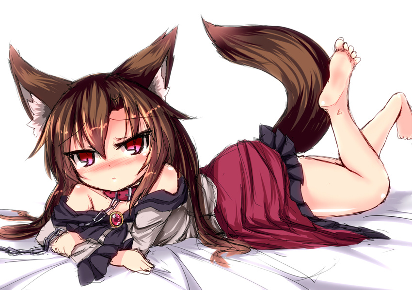 animal_ears bare_shoulders barefoot bed_sheet blush brooch brown_hair collar dog_collar full_body hair_between_eyes imaizumi_kagerou jewelry karasuma_amiru legs_up long_hair long_sleeves looking_at_viewer lying on_stomach red_eyes solo tail the_pose touhou tsurime white_background wolf_ears wolf_tail