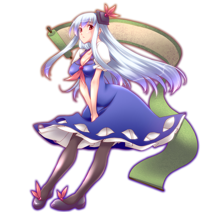 bad_id bad_pixiv_id blue_hair breasts cleavage full_body highres kamishirasawa_keine long_hair medium_breasts oohira_sunset pantyhose red_eyes scroll solo touhou transparent_background