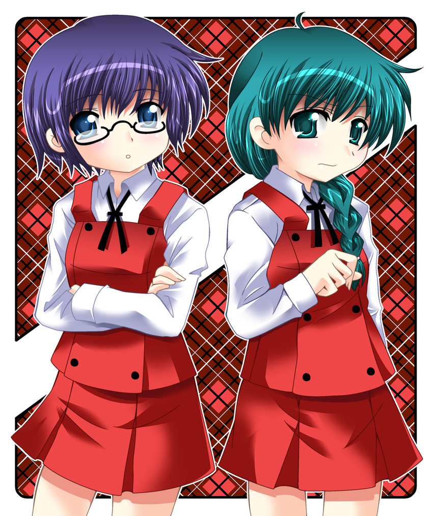 blue_eyes blue_hair braid glasses green_eyes green_hair hair_over_shoulder hidamari_sketch highres kohakugin multiple_girls natsume_(hidamari_sketch) sae school_uniform