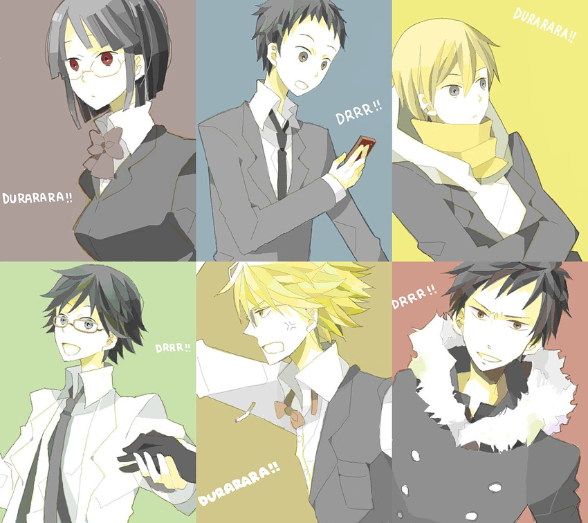 5boys bad_id bad_pixiv_id bob_cut bow cigarette durarara!! glasses heiwajima_shizuo jacket kida_masaomi kishitani_shinra labcoat multiple_boys orihara_izaya ryuugamine_mikado school_uniform short_hair smile sonohara_anri sunglasses tashite veins