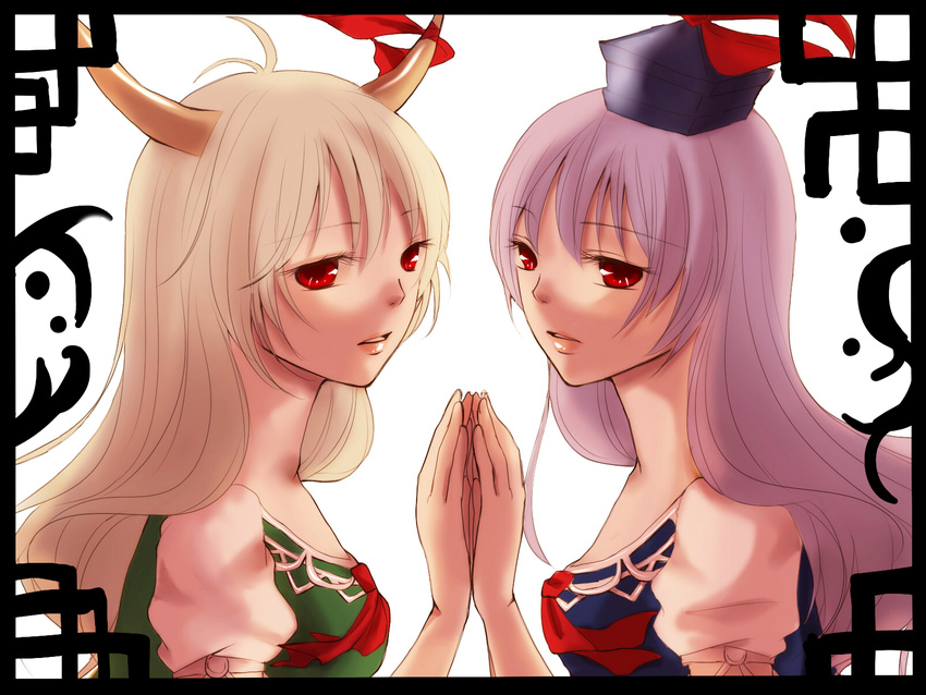 arufa_(th_bluerose) bad_apple!! blue_hair dual_persona ex-keine hands hat highres horns kamishirasawa_keine lips multiple_girls necktie red_eyes ribbon symmetry touhou twilight wallpaper white_hair