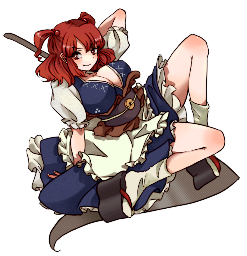 bad_id bad_pixiv_id breasts cleavage full_body hair_bobbles hair_ornament highres inoguchinko large_breasts onozuka_komachi red_eyes red_hair scythe short_hair solo touhou transparent_background two_side_up