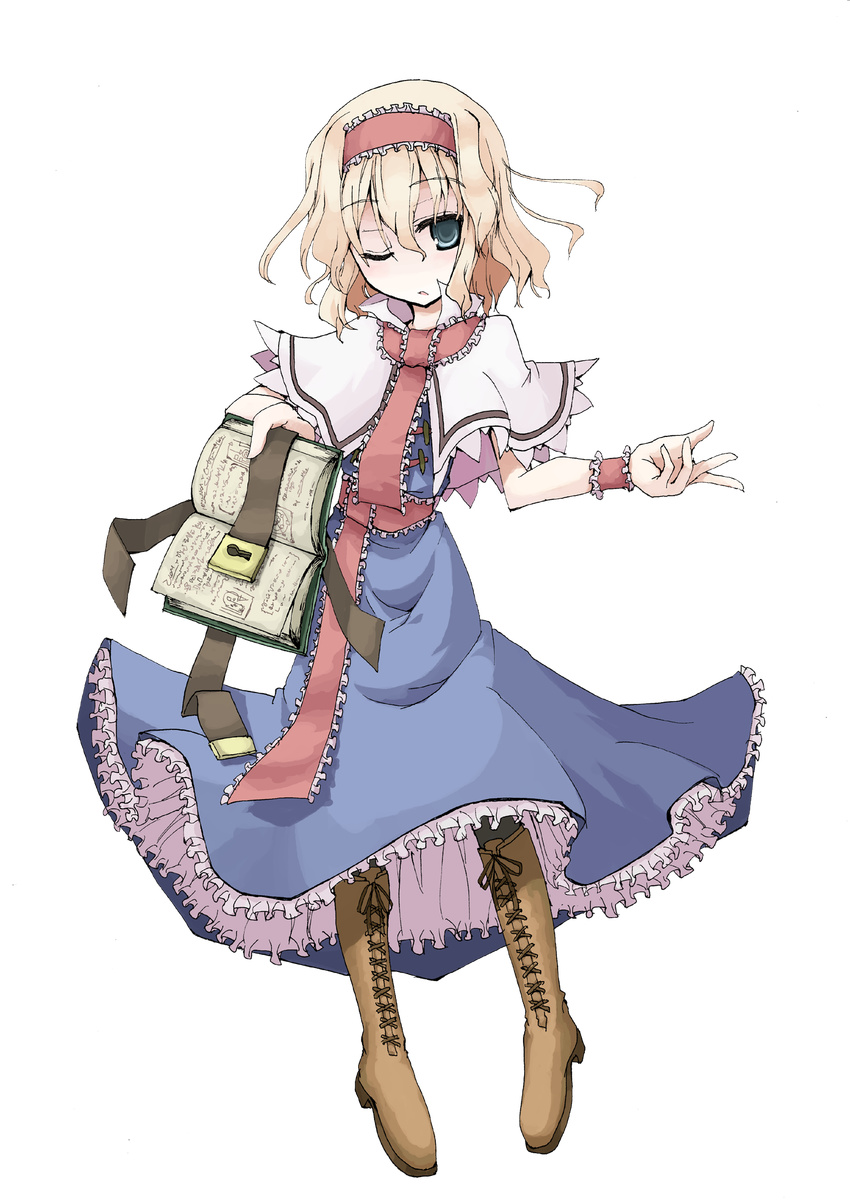 alice_margatroid blonde_hair blue_dress blue_eyes book boots capelet cross-laced_footwear dress foreshortening frills full_body grimoire grimoire_of_alice hairband highres keyhole lace-up_boots mochiki no_nose one_eye_closed pantyhose petticoat short_hair solo touhou transparent_background wavy_hair white_capelet wrist_cuffs