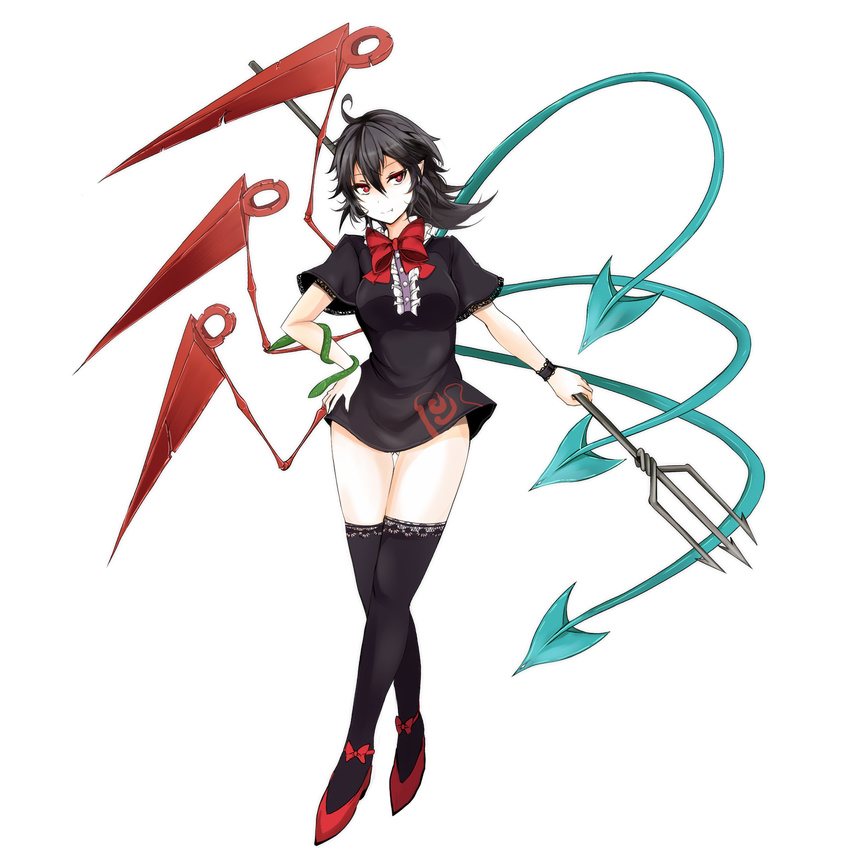 bad_id bad_pixiv_id black_dress black_hair black_legwear bow dress fang frills full_body highres houjuu_nue lace lace-trimmed_thighhighs legs pointy_ears polearm red_eyes short_dress snake solo takaharu thighhighs touhou transparent_background trident weapon wings wristband zettai_ryouiki