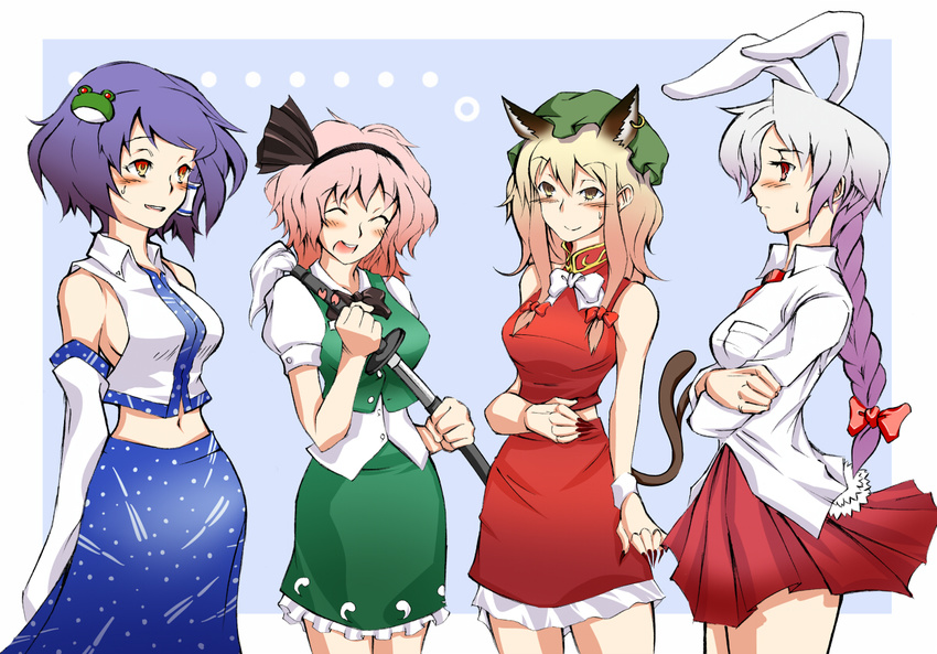 animal_ears bunny_ears cat_ears cat_tail chen chen_(cosplay) cosplay kochiya_sanae kochiya_sanae_(cosplay) konpaku_youmu konpaku_youmu_(cosplay) multiple_girls navel reisen_udongein_inaba reisen_udongein_inaba_(cosplay) saigyouji_yuyuko tail teeburu touhou yagokoro_eirin yakumo_yukari yasaka_kanako