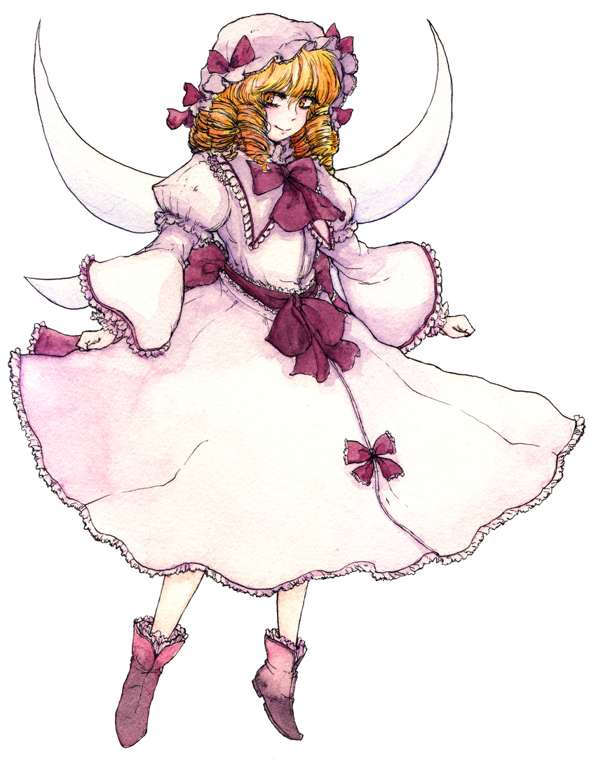 absurdres bad_id bad_pixiv_id blonde_hair curly_hair frills full_body hat highres lewis luna_child multiple_wings ribbon shoes short_hair smile solo touhou traditional_media transparent_background watercolor_(medium) wide_sleeves wings yellow_eyes