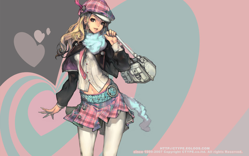 bad_id bad_pixiv_id bag belt blonde_hair brown_eyes c_type casual earrings fingernails hat heart highres jacket jewelry long_fingernails navel original pantyhose plaid plaid_skirt scarf skirt solo wallpaper watermark web_address white_legwear