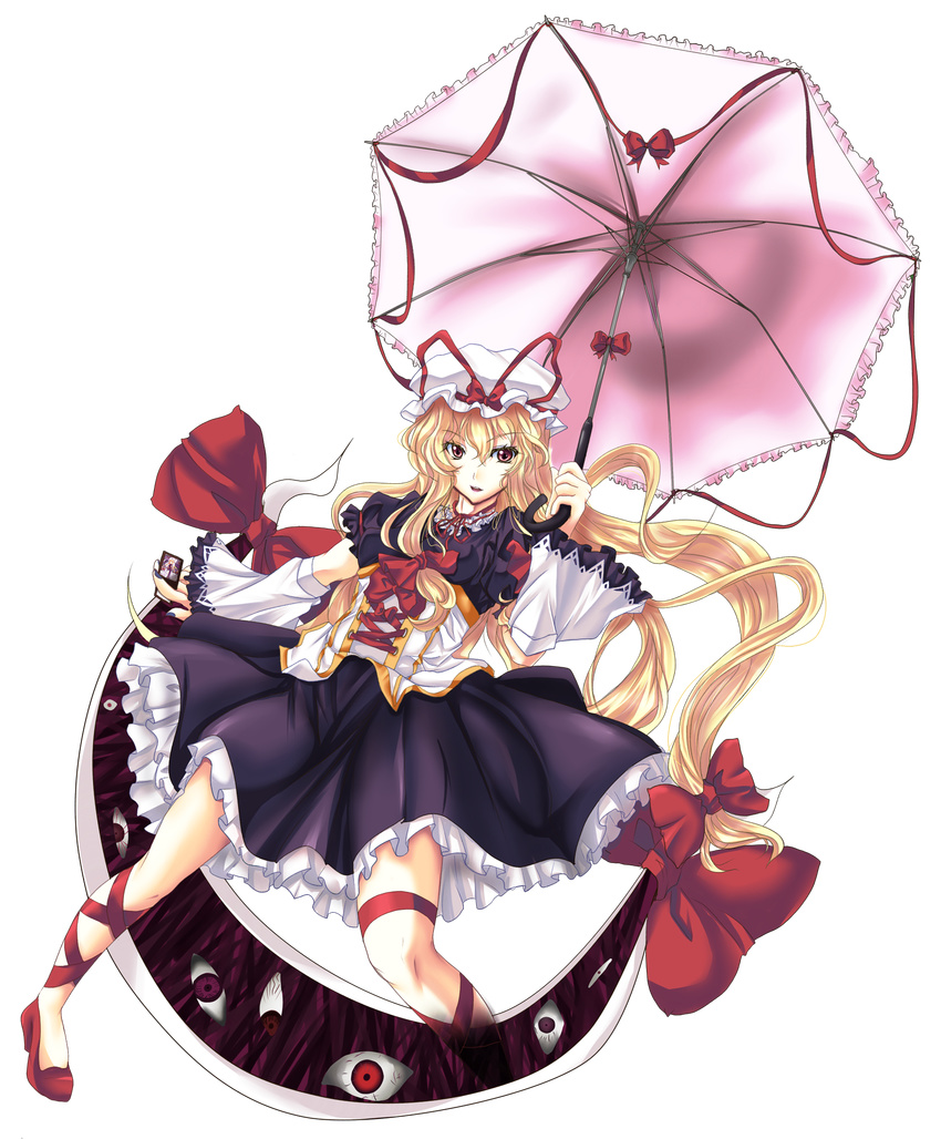 blonde_hair blue_nails eyes full_body gap hat highres long_hair md5_mismatch nail_polish oimari red_eyes solo touhou transparent_background umbrella yakumo_yukari