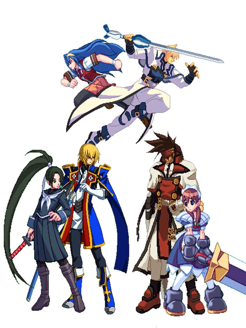 3girls arcana_heart blazblue blonde_hair blue_eyes blue_hair brown_eyes brown_hair crossover fiona_mayfield green_eyes green_hair guilty_gear highres jin_kisaragi jpeg_artifacts ky_kiske military military_uniform multiple_boys multiple_girls pixel_art school_uniform sol_badguy sword tokinomiya_kamui tsuzura_saki uniform weapon