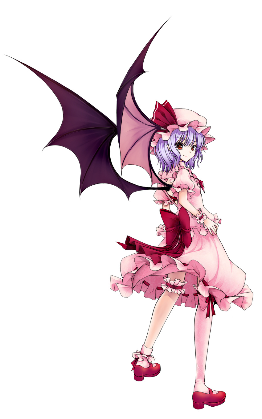 asymmetrical_clothes bat_wings bobby_socks bow full_body hands_on_hips hat highres large_bow lavender_hair leg_garter lips looking_at_viewer looking_back mary_janes nail_polish pointy_ears red_eyes red_nails remilia_scarlet shoes smile socks solo standing touhou transparent_background utakata_(kochou_no_yume) wings wrist_cuffs