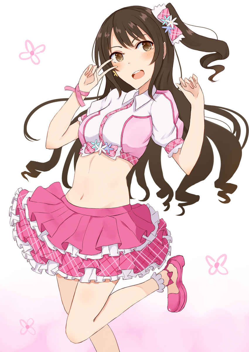 :d bad_id bad_pixiv_id brown_eyes brown_hair highres idolmaster idolmaster_cinderella_girls leg_up long_hair midriff nagou_nono navel no_legwear one_side_up open_mouth pink_check_school pink_footwear pink_skirt shimamura_uzuki shoes skirt smile solo teeth v