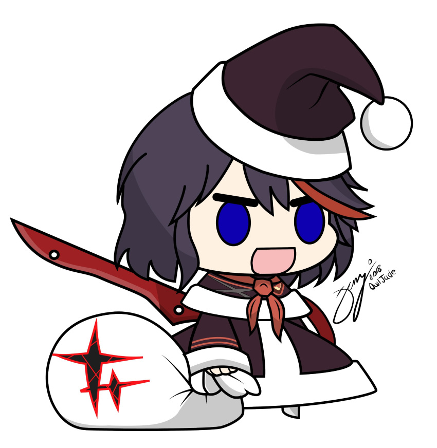 :d absurdres black_hair blank_eyes blue_eyes christmas hat highres kill_la_kill life_fiber matoi_ryuuko meme multicolored_hair open_mouth owljade padoru parody red_hair santa_hat scissor_blade senketsu short_hair signature smile streaked_hair two-tone_hair