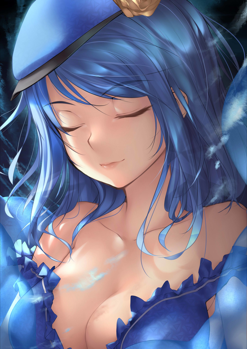 absurdres bangs bare_shoulders blue_dress blue_hair blue_hat blush borrowed_character breasts cleavage close-up closed_eyes closed_mouth collarbone dress eyebrows_visible_through_hair face flower frills hat hat_flower highres kopianget long_hair mascot medium_breasts off-shoulder_dress off_shoulder original rose smile solo upper_body yellow_flower yellow_rose