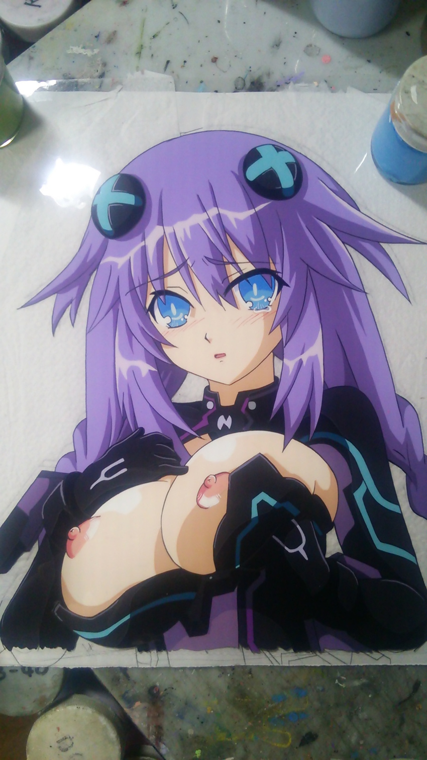 blue_eyes blush braid breasts cleavage hair_ornament hasamimushi highres large_breasts long_hair looking_at_viewer neptune_(series) nipples purple_hair purple_heart solo symbol-shaped_pupils tears traditional_media twin_braids undressing very_long_hair