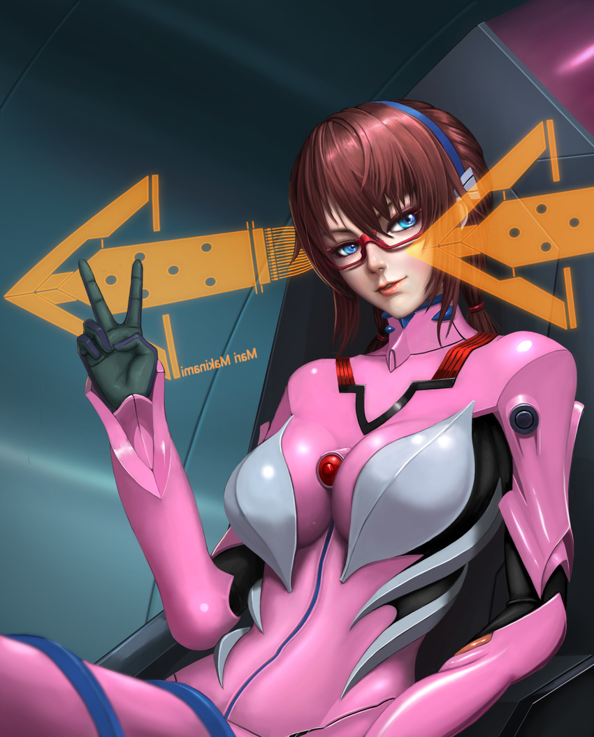 artist_name bangs black_gloves blue_eyes bodysuit breasts brown_hair character_name cockpit cowboy_shot from_side glasses gloves hair_between_eyes hair_tie hairband head_tilt highres impossible_bodysuit impossible_clothes large_breasts limgae long_hair looking_at_viewer low_twintails makinami_mari_illustrious neon_genesis_evangelion parted_lips pink_bodysuit plugsuit realistic rebuild_of_evangelion red-framed_eyewear shiny shiny_clothes sitting smile solo turtleneck twintails v