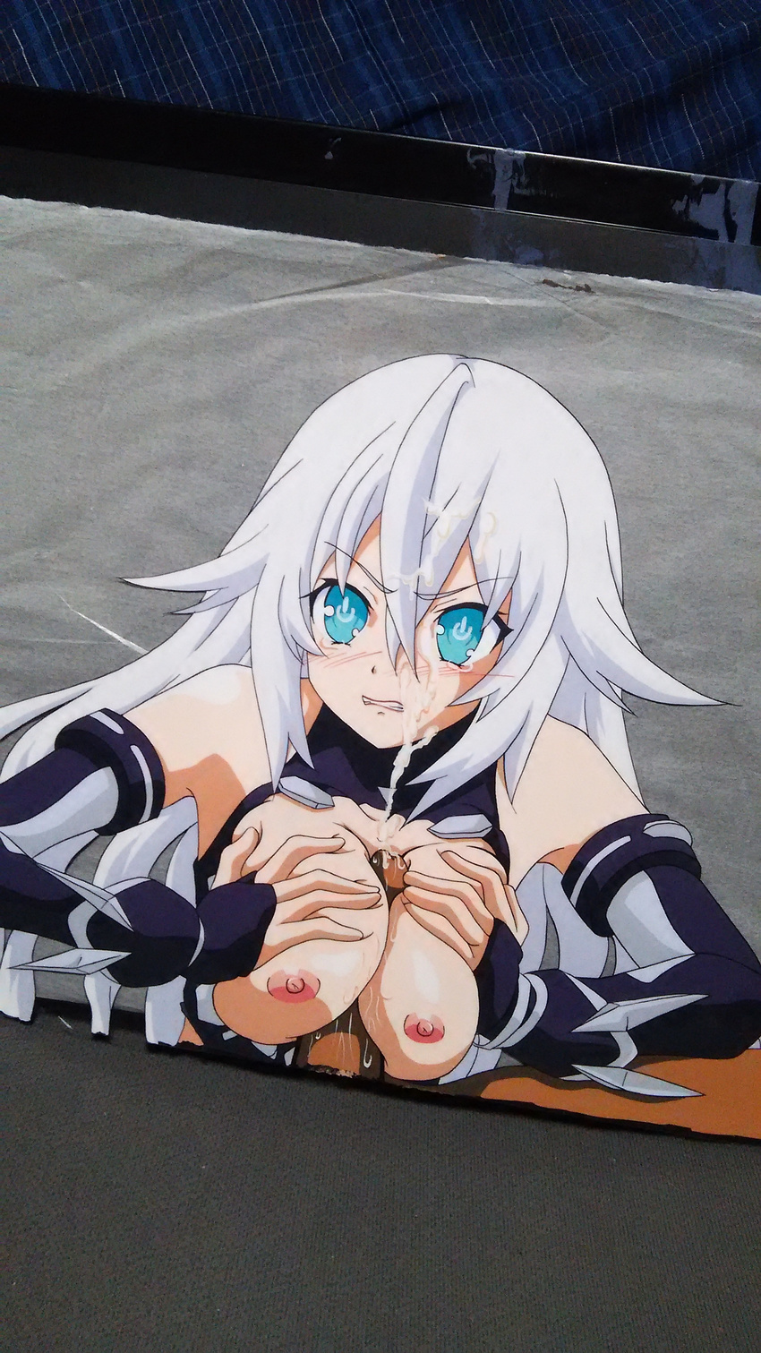 absurdres bare_shoulders black_heart blue_eyes blush breasts cleavage cum cum_on_body cum_on_breasts cum_on_upper_body ejaculation eyebrows_visible_through_hair facial hasamimushi hetero highres large_breasts long_hair looking_at_viewer neptune_(series) nipples paizuri penis solo_focus symbol-shaped_pupils tears traditional_media very_long_hair white_hair