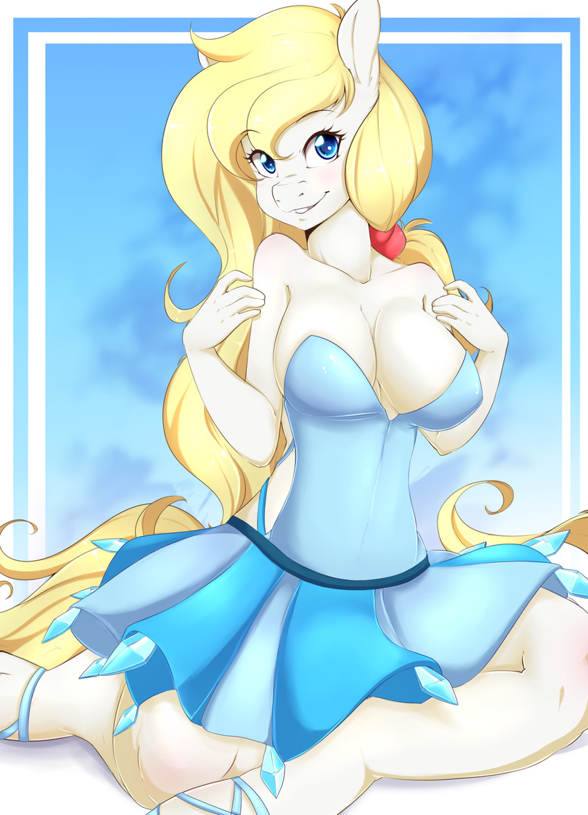 2016 anthro blonde_hair blue_eyes blush breasts cleavage clothed clothing dress equine fan_character female hair horse mammal my_little_pony pony pose rainbowscreen sitting solo