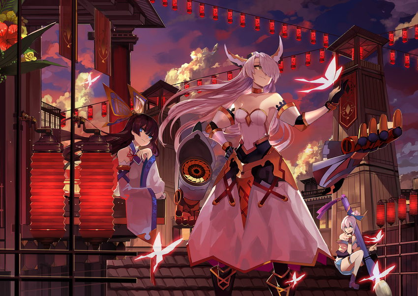 blue_eyes boots breasts brown_hair bug butterfly calligraphy_brush cleavage detached_sleeves evening green_eyes hair_ornament hair_over_one_eye hairclip highres insect lantern li_bai long_hair multiple_girls nie_xiaoqian paintbrush ponytail rooftop saberiii sangai_senki sitting small_breasts smile thighhighs white_hair white_legwear wind zhou_xin