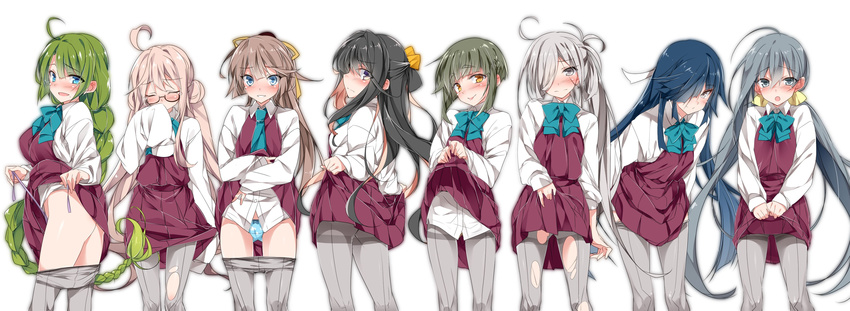 :o absurdres ahoge asashimo_(kantai_collection) back bangs black_hair blouse blue_eyes blue_hair blue_panties blunt_bangs blush bob_cut bow bowtie braid breasts brown_eyes brown_hair closed_eyes commentary_request covering_mouth double_bun dress eyebrows eyebrows_visible_through_hair flat_chest glasses green_hair grey_eyes grey_hair hair_between_eyes hair_ornament hair_over_one_eye hair_ribbon hayashimo_(kantai_collection) highres kantai_collection kazagumo_(kantai_collection) kiyoshimo_(kantai_collection) large_breasts leaning leaning_forward long_hair long_sleeves looking_at_viewer looking_back low_twintails makigumo_(kantai_collection) mole mole_under_mouth mtu_(orewamuzituda) multicolored multicolored_eyes multicolored_hair multiple_girls naganami_(kantai_collection) necktie open_mouth panties pantyhose pantyhose_pull pink_hair ponytail print_panties purple_eyes ribbon school_uniform short_hair short_hair_with_long_locks side-tie_panties sidelocks silver_eyes silver_hair simple_background single_braid skirt skirt_lift sleeveless sleeveless_dress sleeves_past_wrists small_breasts smile takanami_(kantai_collection) tears thighband_pantyhose torn_clothes torn_legwear tsurime twintails underwear uniform untied untied_panties v_arms very_long_hair white_background white_blouse yellow_eyes yuugumo_(kantai_collection)