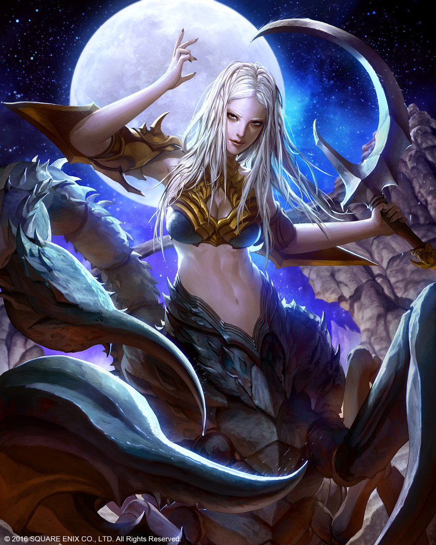 2016 abs armpits blue_eyes breasts cleavage cleavage_cutout highres holding holding_weapon long_hair looking_at_viewer looking_to_the_side medium_breasts midriff monster_girl moon muscle nail_polish navel night night_sky pincers rock scorpion scorpion_girl scorpion_tail shoulder_armor sky solo spaulders square_enix star sword tail victor_bang watermark weapon white_hair