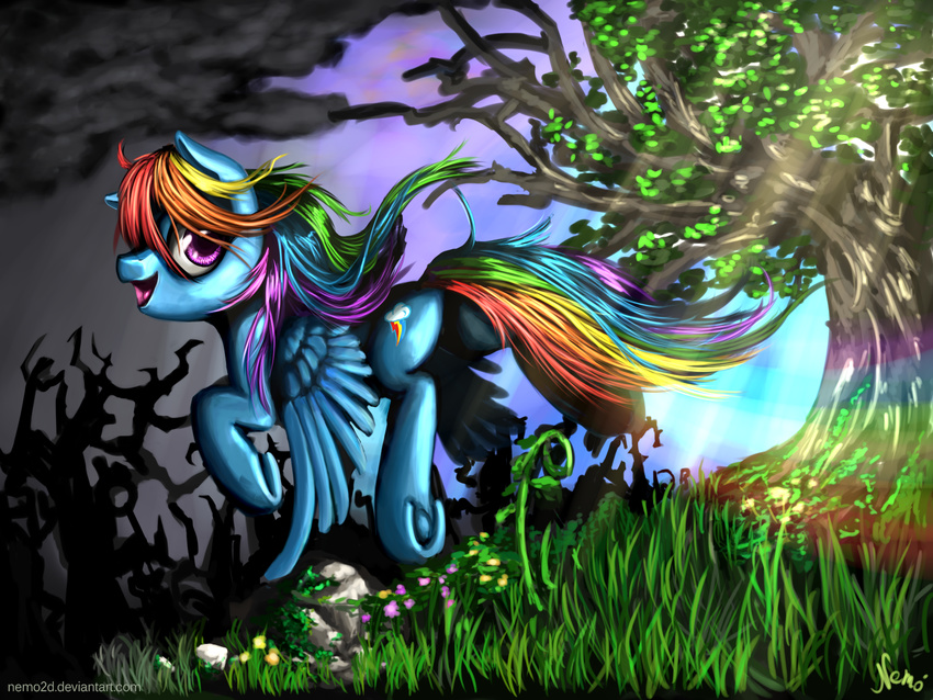 2014 blue_feathers blue_fur cloud cutie_mark equine feathers female feral friendship_is_magic fur grass hair hi_res looking_at_viewer mammal multicolored_hair multicolored_tail my_little_pony nature nemo2d outside pegasus purple_eyes rainbow_dash_(mlp) rainbow_hair rainbow_tail sky smile solo tree wings