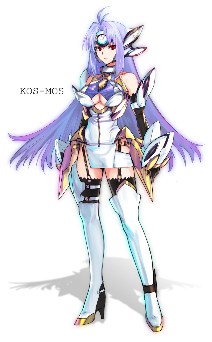 ahoge android bare_shoulders black_gloves black_legwear blue_hair boots breasts cleavage cleavage_cutout commentary_request elbow_gloves garter_straps gloves headgear highres kos-mos large_breasts long_hair looking_at_viewer red_eyes solo tetsu_(kimuchi) thigh_boots thighhighs very_long_hair white_footwear white_legwear xenosaga