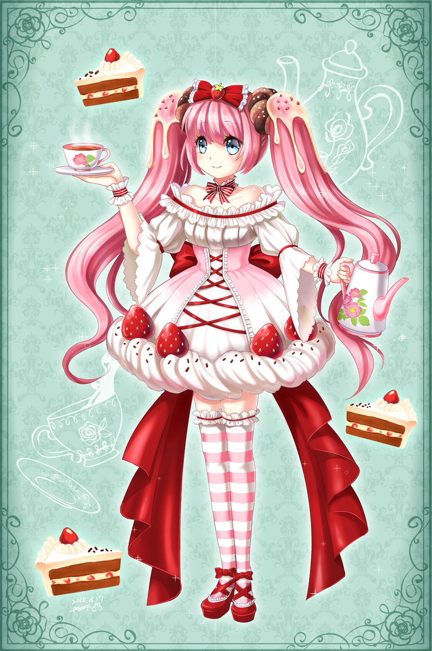 bare_shoulders blue_eyes bow cake choker collarbone cup darkblue1112 doughnut_hair_ornament dress food food_themed_hair_ornament food_themed_ornament frills fruit full_body green_background hair_bow hair_ornament highres icing long_hair looking_away original personification pink_hair plate pocketland red_bow red_footwear shoes smile solo standing strapless strapless_dress strawberry strawberry_hair_ornament striped striped_bow striped_legwear tea teacup teapot thighhighs twintails wrist_cuffs