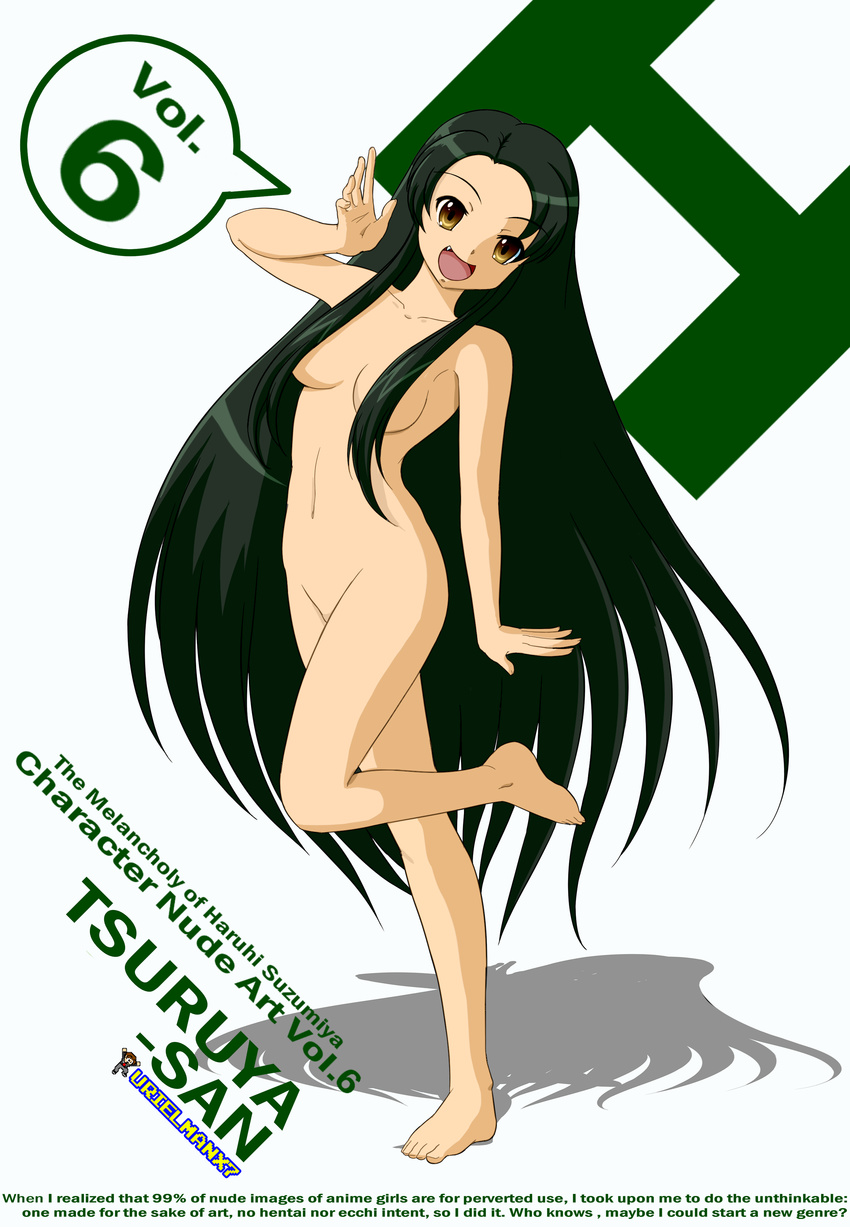 6 :d absurdres album_cover artist_name bad_anatomy character_name copyright_name cover english highres leg_up long_hair looking_at_viewer nude number open_mouth parody sidelocks smile solo speech_bubble standing standing_on_one_leg suzumiya_haruhi_no_yuuutsu tsuruya urielmanx7 very_long_hair
