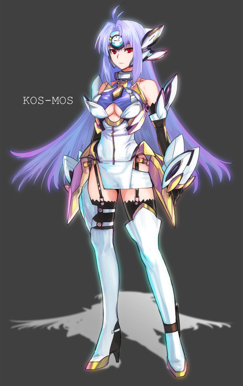 ahoge arms_at_sides aura bangs bare_shoulders black_background black_gloves blue_hair boots breasts character_name dress elbow_gloves expressionless full_body garter_straps gloves high_heel_boots high_heels highres hips kos-mos kos-mos_ver._4 large_breasts long_hair narrow_waist red_eyes shadow short_dress side_slit simple_background solo tetsu_(kimuchi) thigh_boots thighhighs thighs underboob very_long_hair visor white_dress white_footwear xenosaga xenosaga_episode_iii