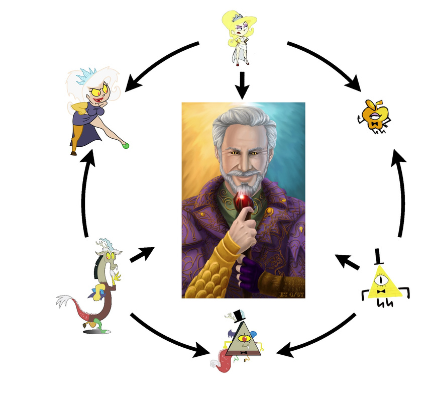 beard bill_cipher blonde_hair discord_(mlp) eris facial_hair fangs female friendship_is_magic fusion hair hat hexafusion lips male my_little_pony red_eyes sheogorath the_elder_scrolls the_grim_adventures_of_billy_and_mandy top_hat video_games white_hair wings yellow_sclera