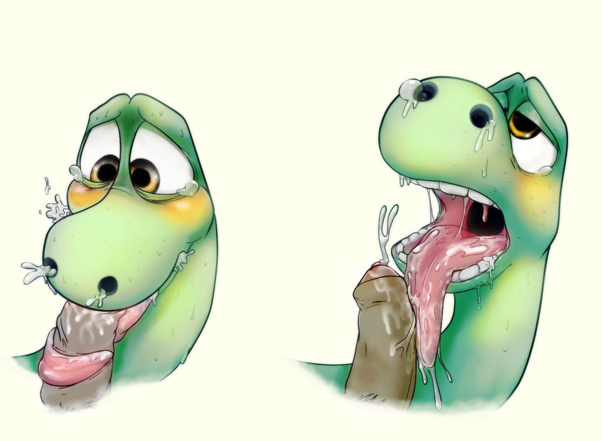 arlo_the_dinosaur blush crying cum cum_in_mouth cum_in_nose cum_inside dinosaur human male male/male mammal open_mouth oral penis sauropod scalie tears teeth the_good_dinosaur tongue unknown_artist vein yellow_eyes