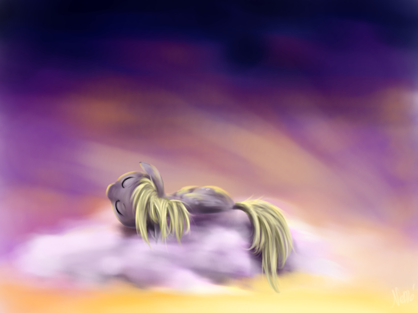 2013 abstract_background blonde_hair cloud derpy_hooves_(mlp) equine eyes_closed feathered_wings feathers female feral friendship_is_magic fur grey_feathers grey_fur hair hi_res horse lying mammal my_little_pony nemo2d pegasus pony sleeping solo wings