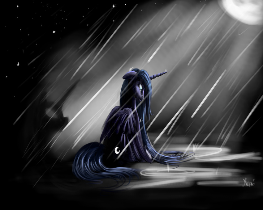 2013 blue_eyes blue_feathers blue_fur blue_hair crying cutie_mark equine feathered_wings feathers female feral friendship_is_magic fur hair horn mammal moon my_little_pony nemo2d princess_luna_(mlp) raining sad shadow sky solo star tears water wet_fur winged_unicorn wings