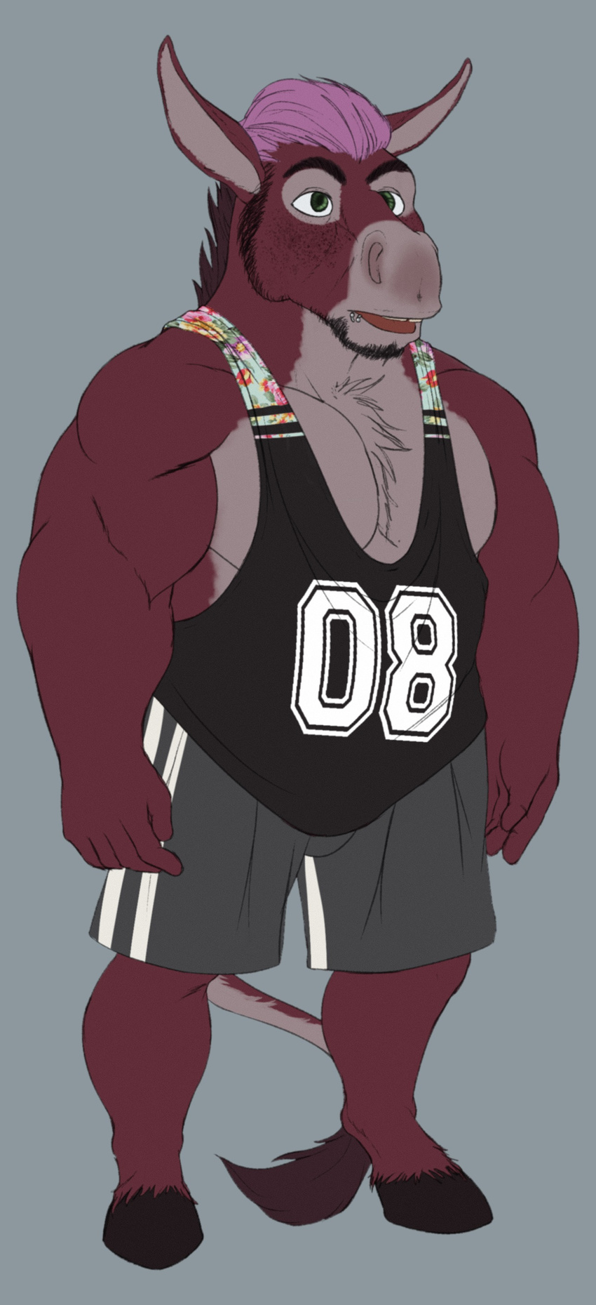 barazoku bulge clothed clothing donkey equine facial_piercing flat_colors floral_print freckles green_eyes gym_shorts hair hair_dye isaac_powell lip_piercing male mammal muscular necrosquelch piercing pink_hair shirt shorts simple_background sketch solo standing tank_top tooth_gap unnatural_colors
