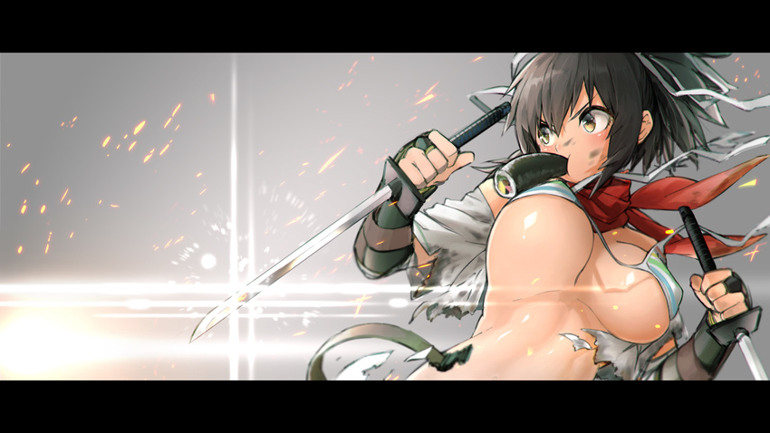armor asuka_(senran_kagura) bangs bare_shoulders belt black_hair bra breasts bridal_gauntlets brown_eyes brown_hair burnt_clothes dirty_face dual_wielding eating ehoumaki fingerless_gloves food food_in_mouth gloves grey_background hair_ribbon highres holding holding_sword holding_weapon japanese_armor kirii kote large_breasts lens_flare letterboxed long_hair looking_away looking_to_the_side makizushi motion_blur mouth_hold off_shoulder open_clothes open_shirt ponytail red_scarf ribbon scarf senran_kagura senran_kagura_shoujo-tachi_no_shin'ei shirt solo stomach striped striped_bra sushi sword torn_clothes torn_shirt unaligned_breasts underboob underwear untied untied_bra upper_body weapon white_ribbon white_shirt