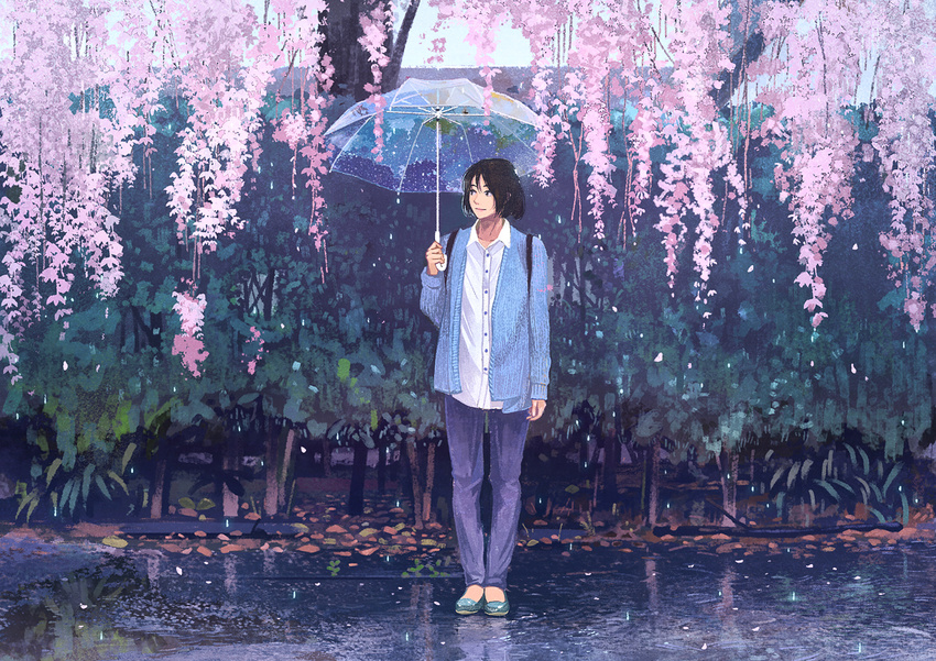 backpack bag black_hair cardigan cherry_blossoms collarbone dress_shirt gemi holding holding_umbrella leaf long_sleeves looking_to_the_side no_socks original outdoors pants petals rain reflection shirt shoes short_hair smile solo standing tree umbrella white_shirt wing_collar