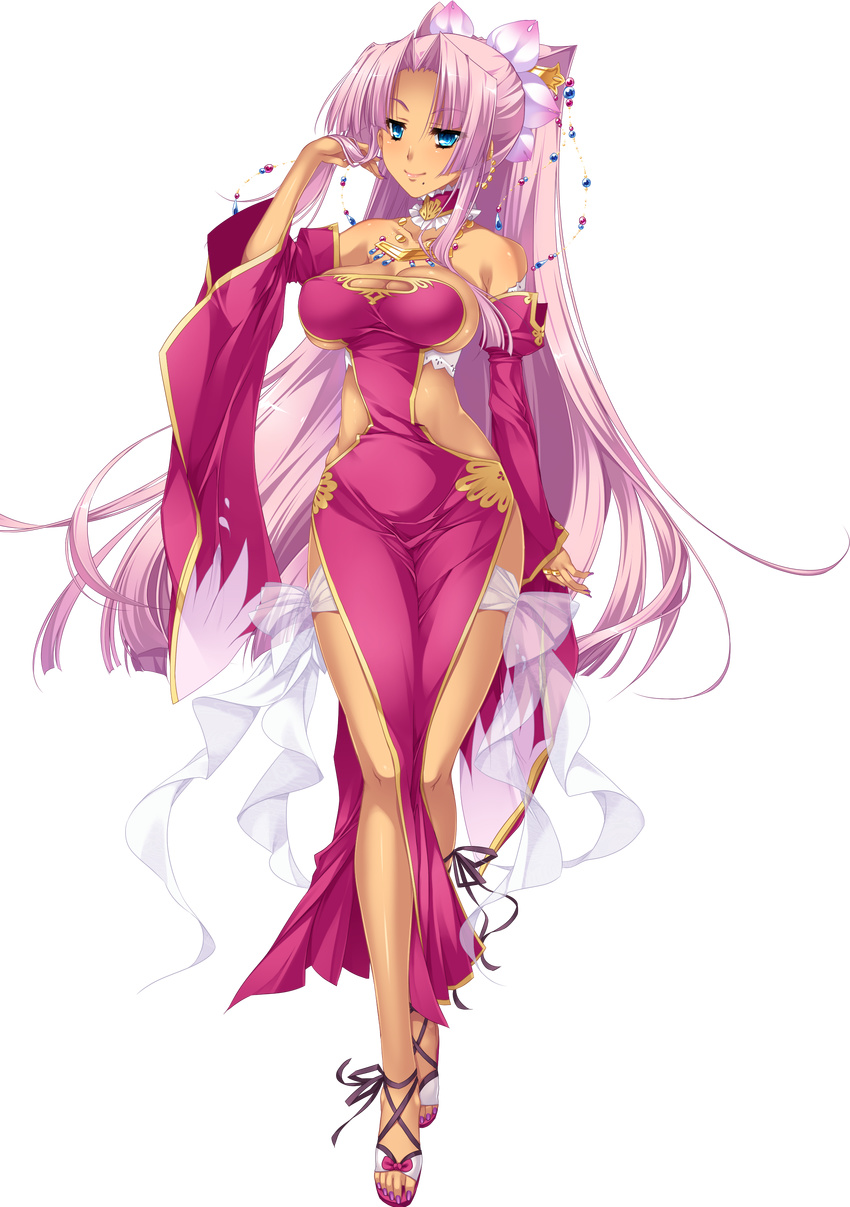 absurdres bare_shoulders blue_eyes breasts cleavage cleavage_cutout dark_skin detached_sleeves dress full_body hair_ornament highres hikage_eiji jewelry koihime_musou long_hair looking_at_viewer medium_breasts necklace pelvic_curtain pink_hair ponytail revealing_clothes sandals side_slit smile solo sonsaku transparent_background very_long_hair