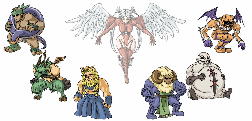 adramelech_(fft) angel_wings bat_wings beard boots breasts clenched_hands closed_eyes cuchulainn_(fft) expressionless facial_hair final_fantasy final_fantasy_tactics fingerless_gloves gloves hashmal head_wings highleg highres koume-i leotard long_hair monster muscle red_legwear sharp_teeth silver_hair simple_background teeth thigh_boots thighhighs toeless_legwear ultima_(fft) white_background white_hair wiegraf_folles wings
