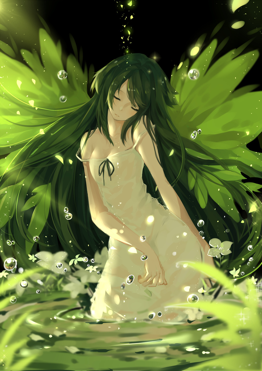 arm_at_side bangs bare_shoulders black_background blurry breasts cleavage depth_of_field dress floating floating_object flower green green_hair green_ribbon green_wings head_tilt highres long_hair partially_submerged ribbon ripples saya saya_no_uta see-through sleeveless sleeveless_dress small_breasts solo spaghetti_strap strap_slip sundress sunlight swept_bangs very_long_hair wading water_drop white_dress white_flower wings yuzhi