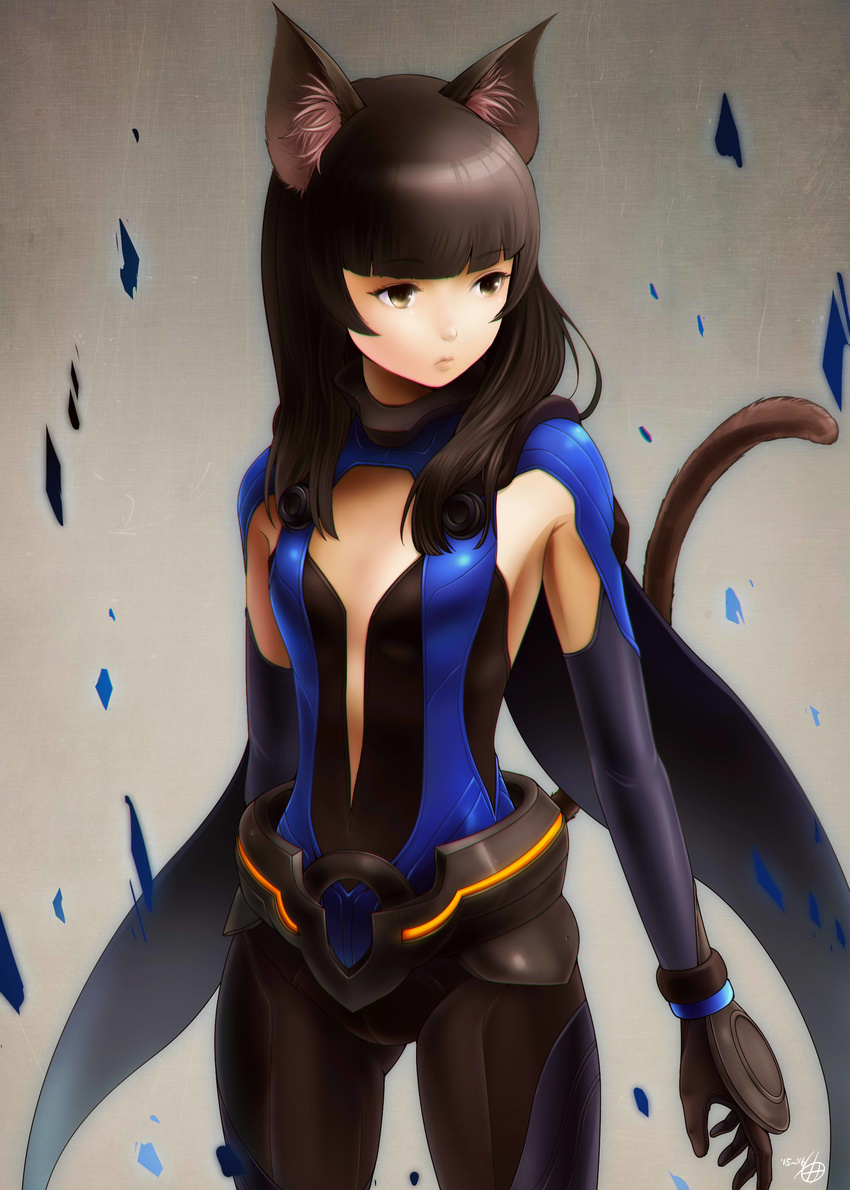 absurdres amaguchi_chiyoko animal_ears armpit_cutout arms_at_sides ass_visible_through_thighs bad_id bad_pixiv_id bangs belt black_gloves black_hair blunt_bangs bodysuit breasts brown_eyes cape cat_ears cat_tail center_opening closed_mouth cowboy_shot expressionless eyebrows eyebrows_visible_through_hair gloves highres kemonomimi_mode long_hair looking_away origami_koori school_girl_strikers shards signature small_breasts solo tail