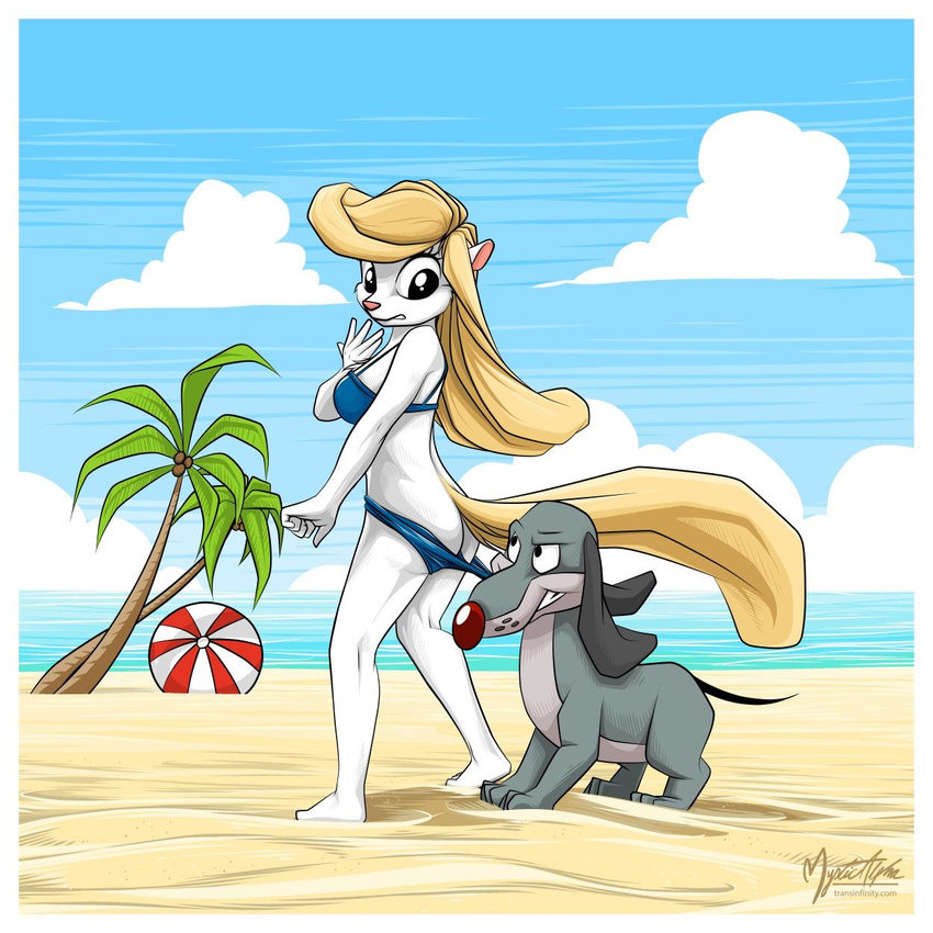 animaniacs beach beach_ball bikini breasts butt canine clothing coppertone dog mammal minerva_mink mink mustelid mysticalpha newt_(animaniacs) palm_tree parody sand seaside swimsuit tree